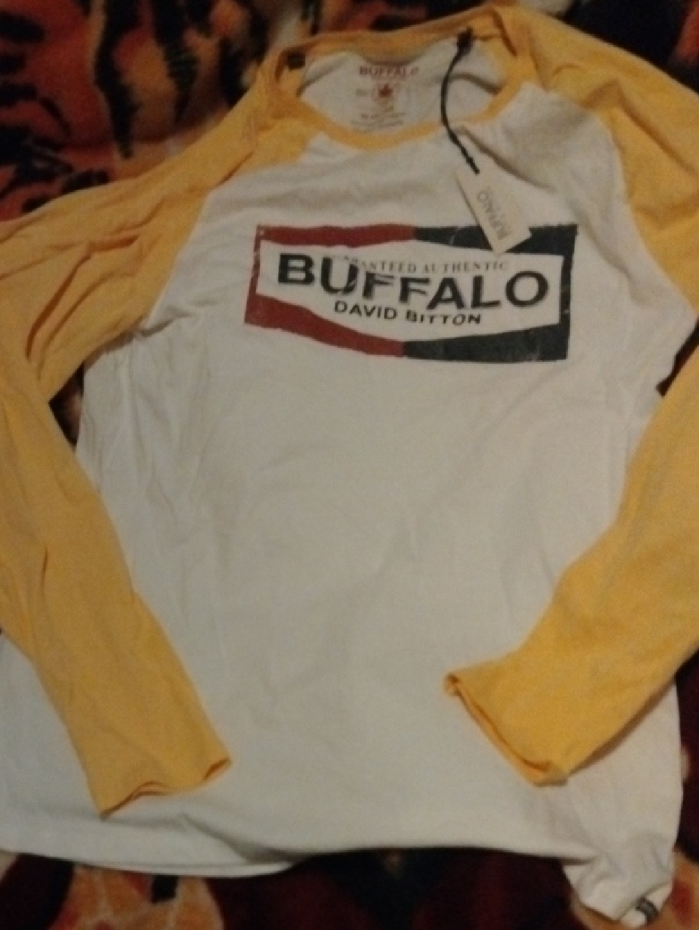 Buffalo Mens David Bitton White Tee with Yellow Raglan Sleeves and Logo XXL new